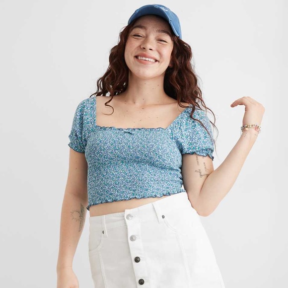 Aerie Smocked Puff Sleeve Crop Top - Picture 1 of 7